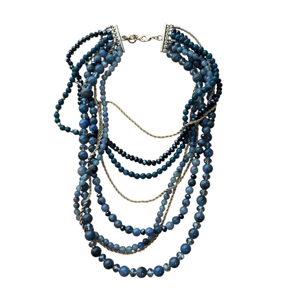 Blue and gold layered beaded multi strand necklace